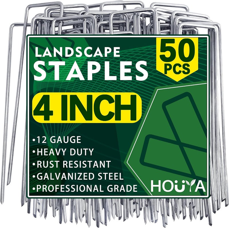 Houya 50 Pack Landscape Staples 4 Inch 12 Gauge Garden Stakes Galvanized Garden Staples Pins Anti-Rust Ground Stakes for Weed Barrier, Irrigation Tubing, Yard Lawn, Landscape Fabric - Image 1